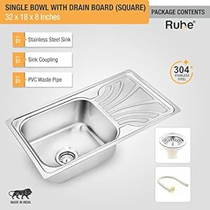 Ruhe® Square Single Bowl with Drainboard 32 x 18 x 8 inches Kitchen Sink | 304 Stainless Steel Square Single Bowl with Drainboard Kitchen Sink | Glossy Finish | Including Sink Coupling and Waste Pipe