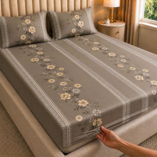 Image of Castiqa 400 TC Cotton Feels All Over Elastic Fitted Bedsheet Set Perfect Upto 10inch Mattress with 2 Matching Pillow Covers Size-18x28inch (Queen Size 60x78, Black Stripes)