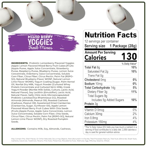 Image of Nature's Garden Probiotic Yoggies Trail Mix Multipack Snack 24oz (24 x 1oz) | (Lemonberry 12x1oz + Mixed Berry 12x1oz) Yogurt Covered Fruit & Nut Snack for Adult & Kid, Perfect for On-the-go Variety Pack