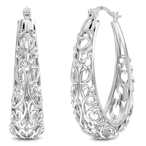 Image of TRUESILVER ACPL 925 Sterling Silver BIS Hallmarked Filigree Hoop Earrings for Women & Girls | Lightweight Designer Oval /Round Hoops | Everyday Wear | Gift for Her