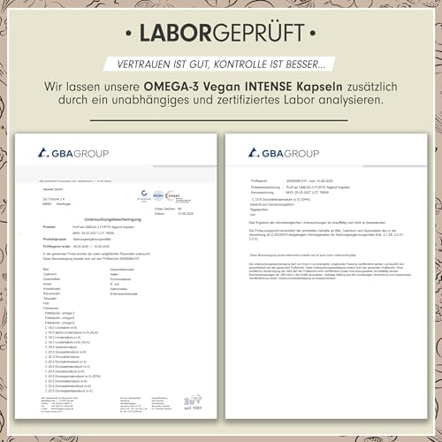 Omega-3 vegan INTENSE - 60 Kapseln - 2000 mg Algenöl pro Tag - hochdosiert mit 630mg DHA + 420 mg EPA - vegane Omega-3 Algenöl Kapseln - DHA:EPA Verhältnis 3:2 - laborgeprüft mit Analyse-Zertifikat