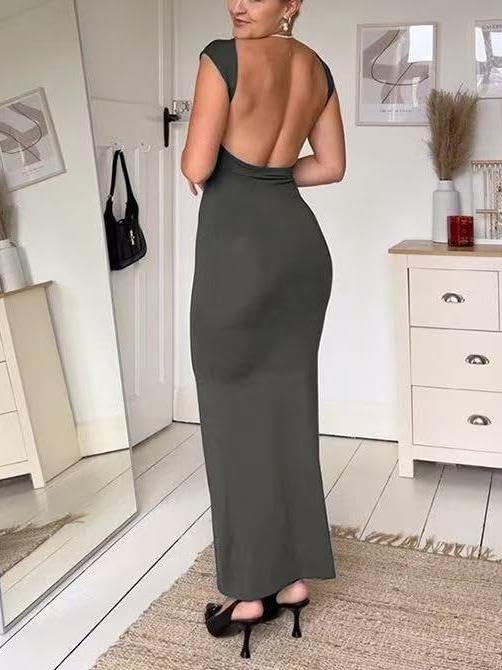 Image of AYWA Womens Sexy Backless Maxi Dress Casual Bodycon Boat Neck Short Sleeve Party Club Long Dresses