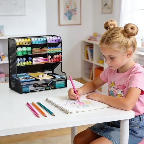 APH02 Multi-Functional Pen Pencil Holder, Desk Organizer with Drawer, Office & Art Supplies Storage，Large Size (Black) image 7
