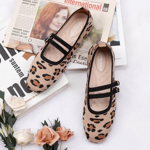 Image of Frank Mully Women's Flats Square Toe Mary Jane Shoes Ballet Flats with Strap Comfortable Slip On Knit Shoes Dressy Casual