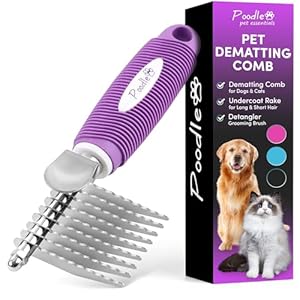 Poodle Dematting Fur Rake Comb Brush for Dogs and Cats – Long 2.5″ Steel Safety Blades Metal Comb for Detangling Matted or Knotted Undercoat Hair