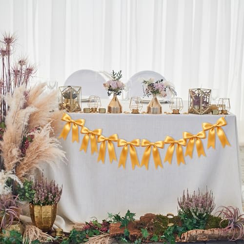 Image of 2 Strings of 16PCS Golden Bow Garlands Banner Decoration,Pre-Strung Satin Ribbon Ornaments for Birthday,Bachelorette Party,Bridal Shower,Wedding,Engagement,Baby Shower,Graduation Decor,Anniversary