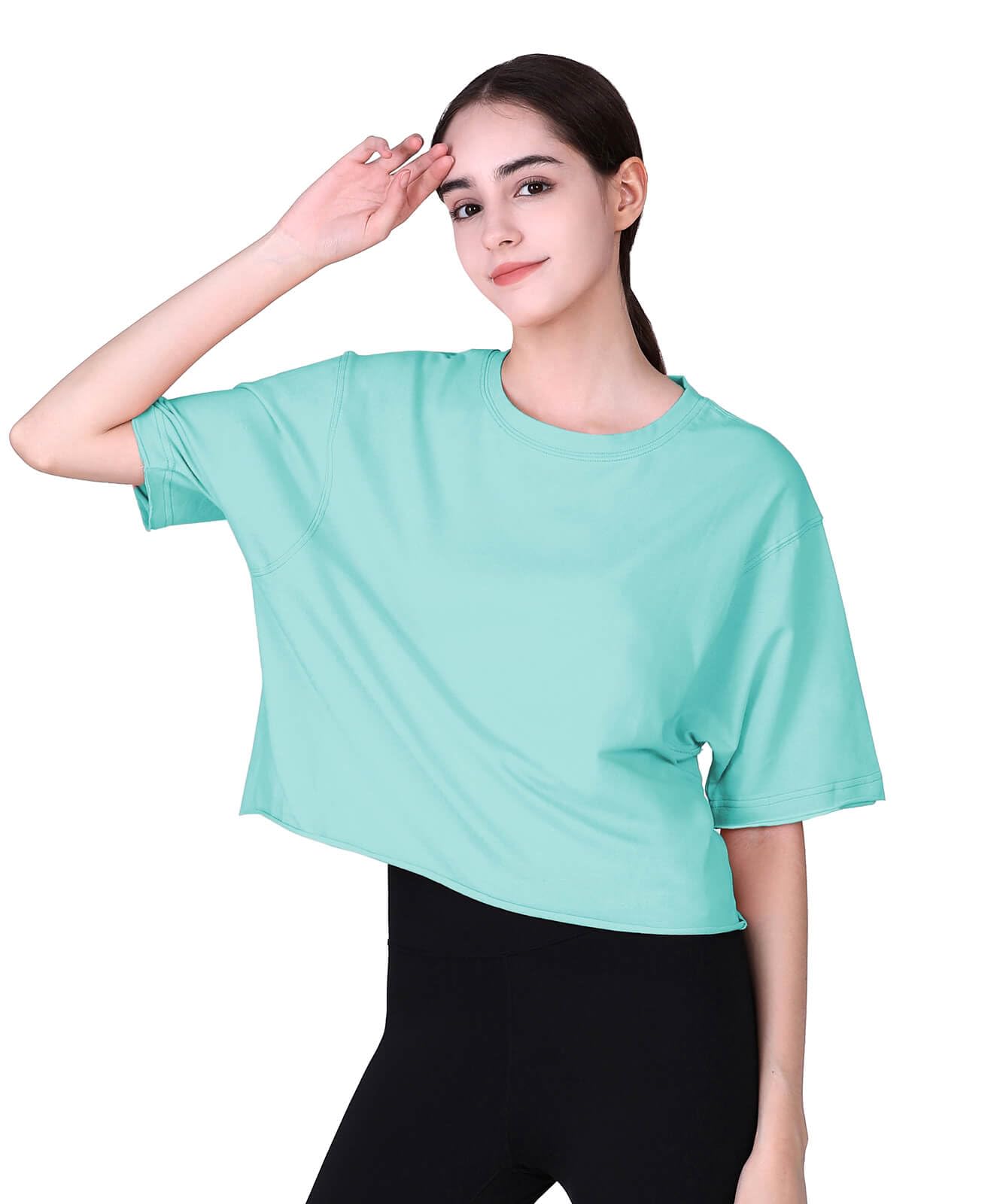 Women's Oversized Crop Tops Roll Hem Half Sleeve T-Shirts Drop Shoulder Casual Summer Tops