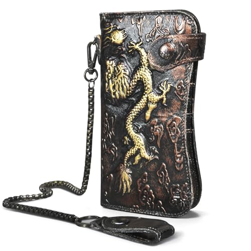 Genuine Crazy Horse Leather Travel Gift Coin Pocket Card Case Long Organizer Chain Rfid Wallet Purse With Snap For Men Male 1088 (1088 Coffee)