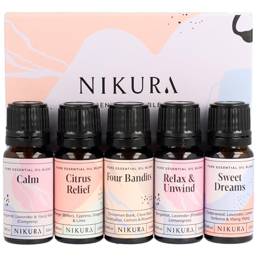 Nikura Essential Oils Blends Gift Set | Calming Essential Oils for Diffusers for Home Sleep Wax Melts | Relaxing Aromatherapy Oils | UK Made & Vegan