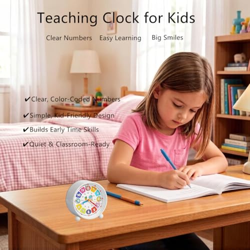 Learning Clock for Kids, Colorful Silent Educational Teaching Clock with Minute/Hour Labels/24-Hour, Non-Ticking Desktop Alarm Clock with Night Light, Gifts for Children Learn to Tell Time (White) - Image 3