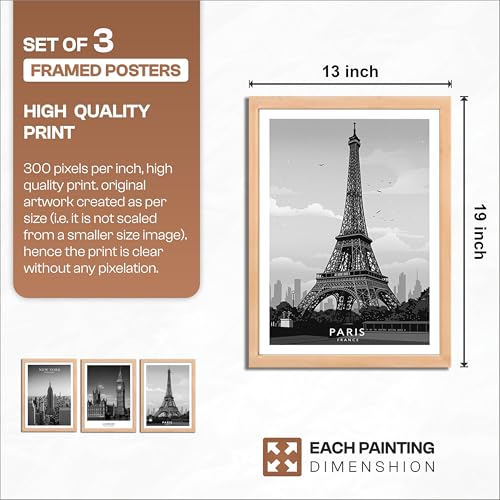 Image of NoWorries Black & White City Wall Art Framed Painting Set of 3 | New York London Paris Skyline Prints with Frame | Modern Minimalist Travel Poster Wall Decor Frames for Living Room, Bedroom and Office | Ready to Hang (Art-1, 13x19inch, Wooden)