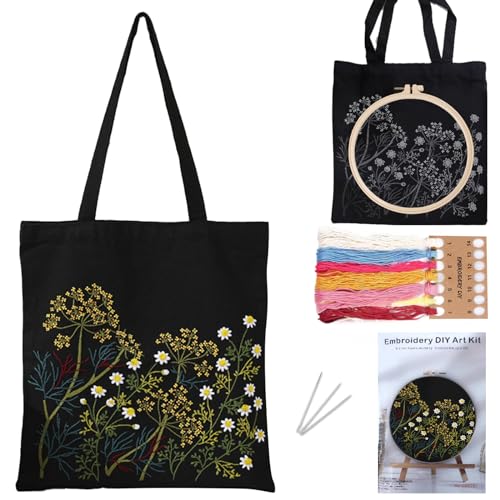 DKDDSSS Sticken für Anfänger Stofftasche Set, DIY Bastelset Erwachsene, Sticken Set Erwachsene, Enthalten Anleitung, Stickrahmen und Stofftasche mit Blumenmuster für Anfänger(Kamille)