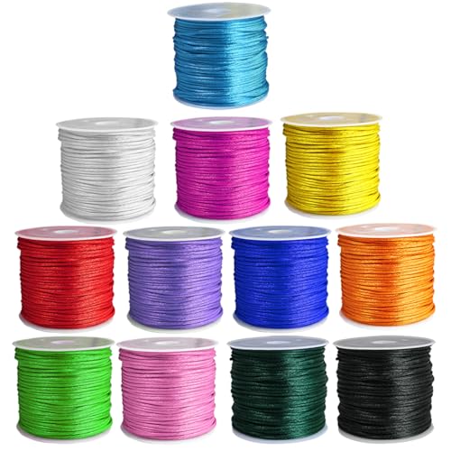 Suo Long Cuerda para hacer pulseras, 12 rollos de cordón de satén de 1,5 mm, cuerda de nailon para pulseras, hilo de seda de cola de rata para kumihimo, collar, manualidades de macramé, llaveros