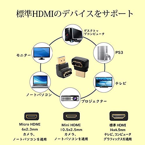 アドワィツ HDMI ケーブル 接続 変換 2タイプ HDMI アダプタ 90°+270° L型 上+下 延長コネクター 4KフルHD テレビ/DVD/モニター ブラック