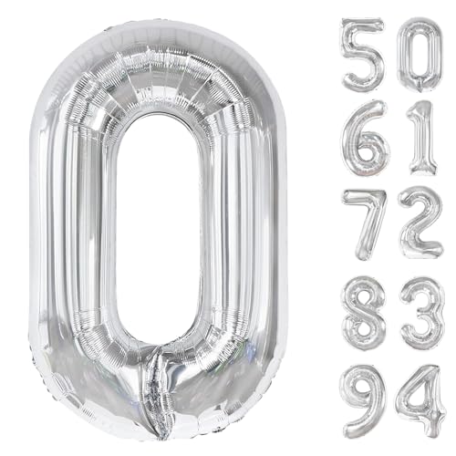 Image of Silver Number Balloon 40 Inch, 0 Number Balloons, 10 20 30 40 50 Numbers Balloon Birthday Decorations, Silver Party Supplies for Women Men