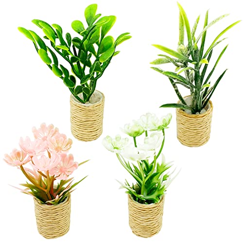 4Pcs Miniature Potted Plant Flowers Trees Basket Artificial Bonsai for 1:12 Mini Dollhouse Fairy...