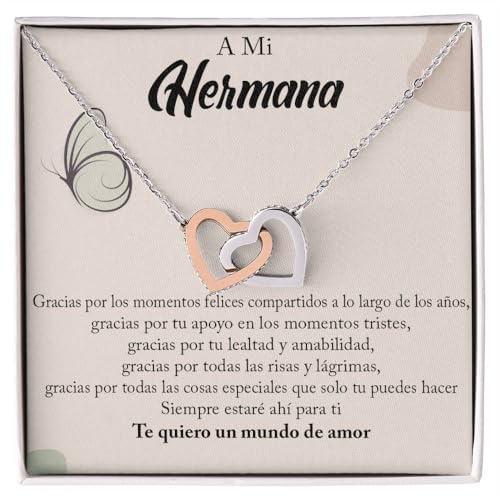 Bramart - Collar para Hermana con Dedicatoria - Corazones Adornados con Zirconia - Idea para Aniversario o Cumpleaños - Plata Rodiada, Oro Blanco 14k Estuche con DEDICATORIA incluido