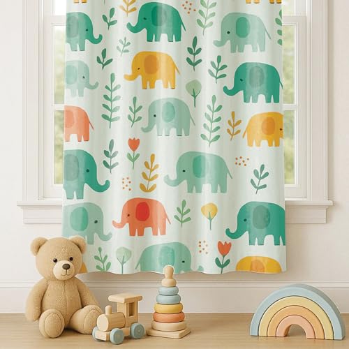 Image of STITCHNEST Velvet Kids Curtains Pack of 2 | Colorful Elephant & Leaf Print | Semi Blackout Curtains for Nursery, Baby & Toddler Room | 7 Feet