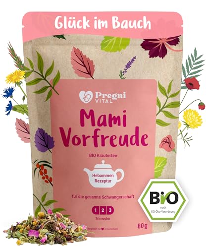 PregniVital® - Mami Vorfreude - BIO Schwangerschaftstee 1. 2. 3. Trimester - Beliebte Hebammen-Kräuter für die gesamte Schwangerschaft - auch perfekt als-Geschenk - 80g