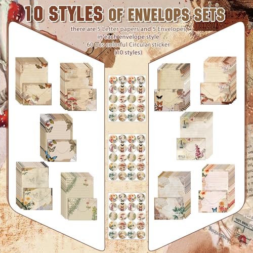Image of TaoBary 160 Pcs Nature Vintage Stationery Paper and Envelopes Set | 5.5 x 8.25'' Letter Writing Kit, 50 Double Sided Stationery Writing Papers 50 Matching Envelopes 60 Round Dot Sticker