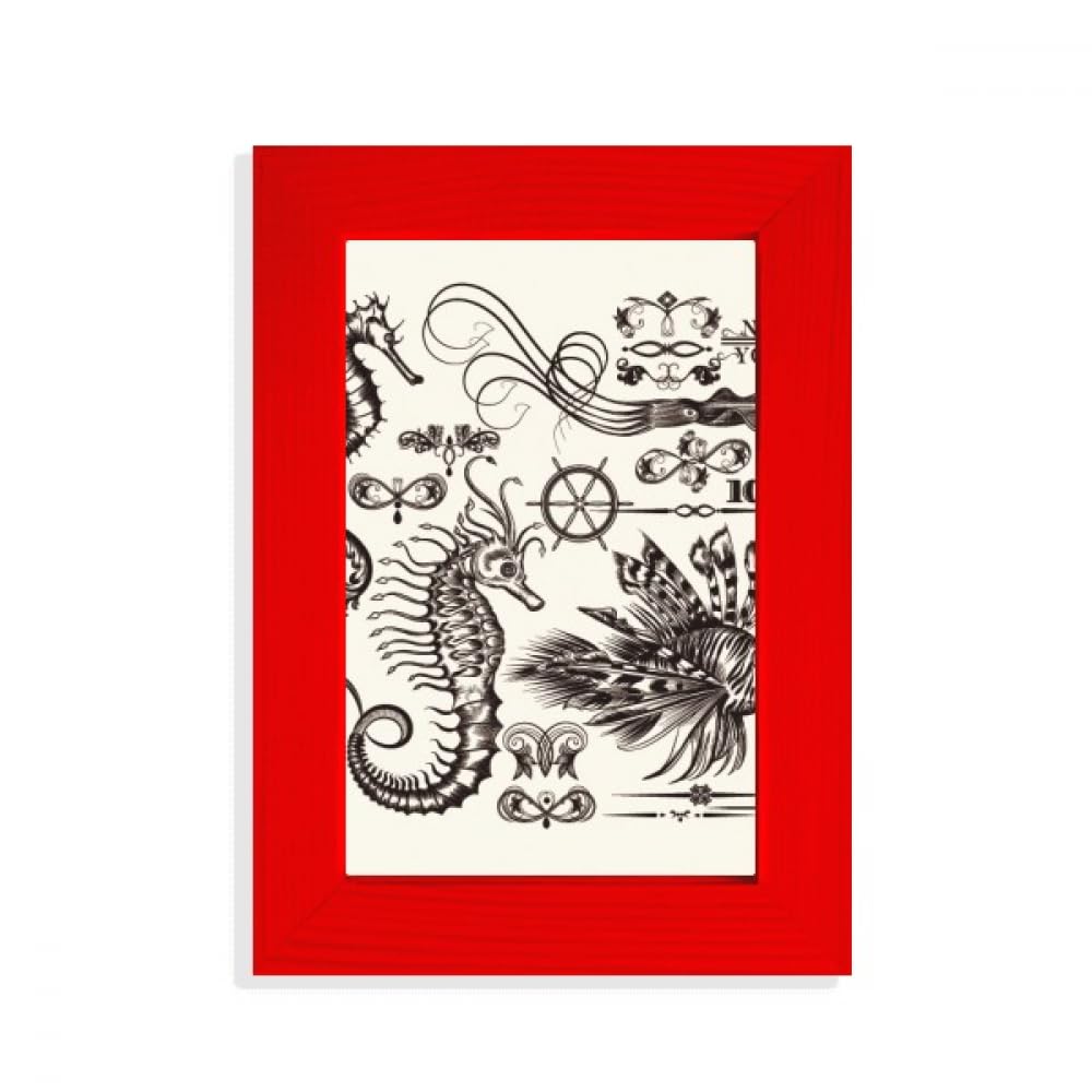 Illustration de vie marine hippocampe noir art mural et cadre rouge