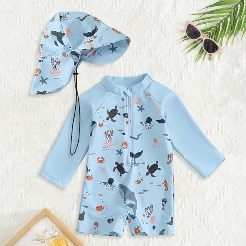 Traje de Baño Bebé UPF50+ con Capucha y Mangas Largas Rash Guard con Cremallera Traje de Baño Bebe Niño Niña de Verano de Playa Vacaciones para 0-3 Años (01-Light Blue, 6-12 Months)