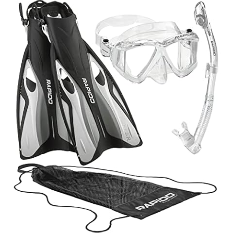 Italian Design Panto-180 Premium Tempered Glass Lens Anti-Fog Panoramic Side-View Snorkel Mask, Superior Dry Snorkel Tube, Quick Adjust Fins, Snorkeling Gear for Adults Snorkel Set Cover