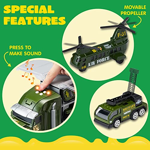 JOYIN 14 in 1 Ensemble de Jouets pour véhicules de l'armée de camions Militaires moulés sous Pression, Mini-Kampfauto-Spielzeug in Träger-LKW mit Licht und Sound