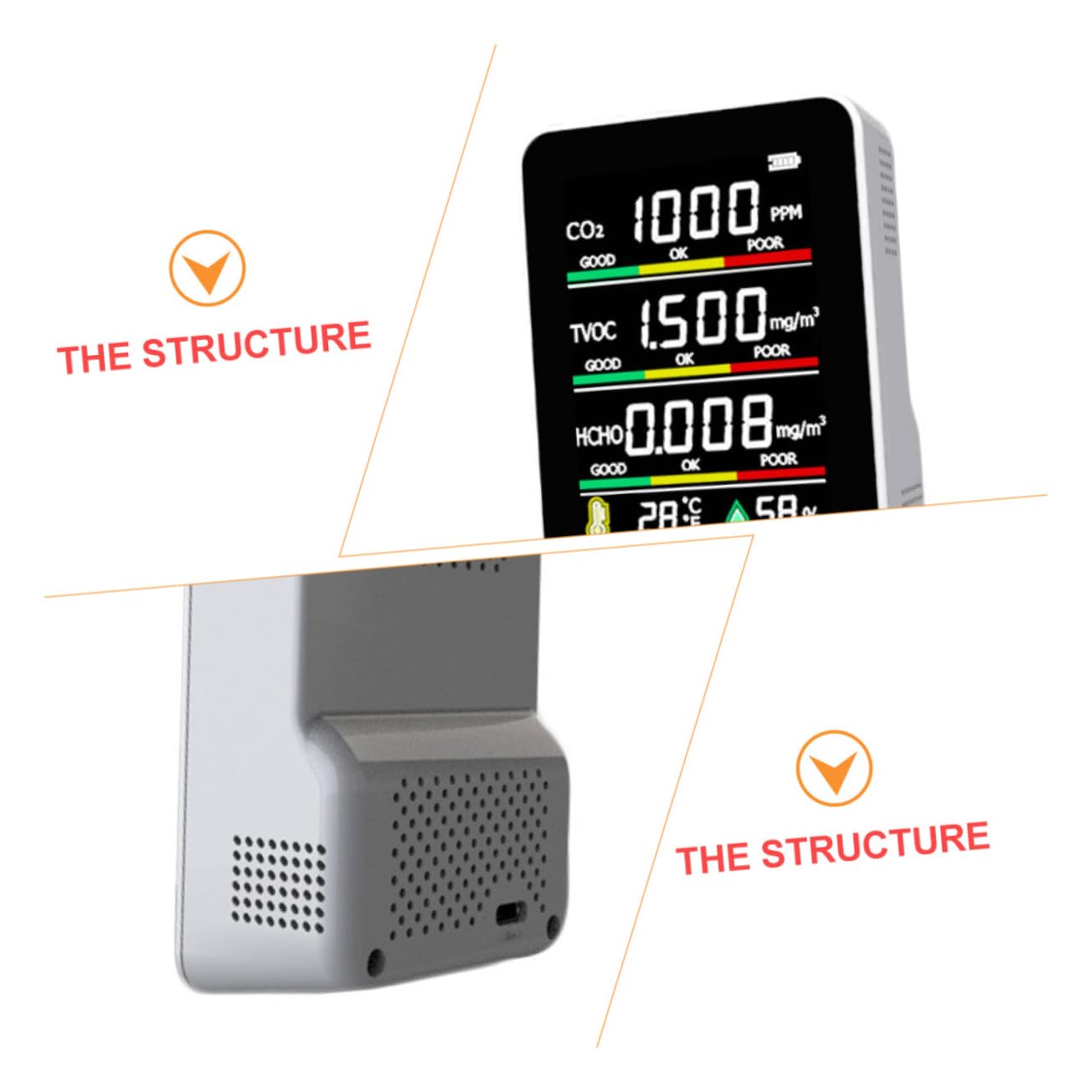 Medidor de Co2 Portátil, Monitor de Calidad del Aire, Blanco | Detección Tvoc, Alerta Sonora y Visual de Doble Capa, Batería 1200 Ma, Carcasa de Vidrio