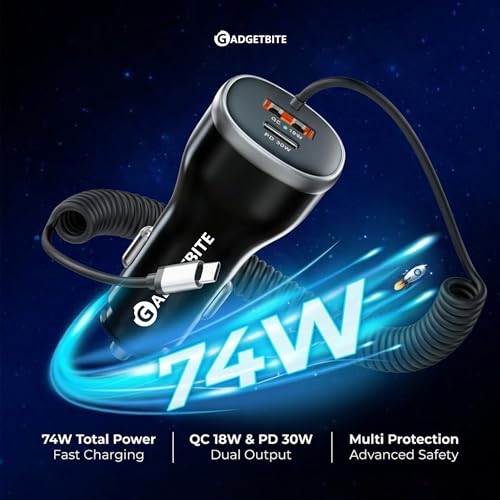 Image of GadgetBite ZAP 71W Fast Car Charger DC 12-24V with USB-A 3.0 & Type-C Fast Charging, Multi-Port High Power Car Adapter for Android & iOS Devices, Universal Compatibility for Phones & Tablets (Black)