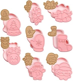 Pilikoll 8 Pcs Christmas Cookie Cutter Plastic 3D Xmas Biscuit Cutters Snowman,Santa Face,Reindeer Head,Crystal Ball,Christmas Sock,Christmas Gloves,Bells,Candy Xmas Cookie Cutter for Christmas Baking