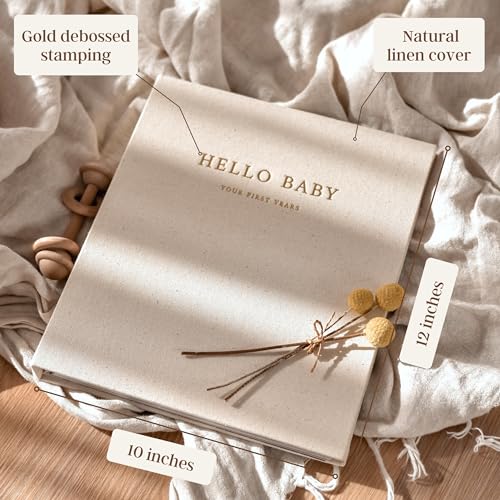 Peachly Baby Memory Book | Baby Book First Year Baby Book Keepsake for Milestones | Simple Cute Baby Scrapbook | Baby Books for Girl | Natural Linen - Clementine