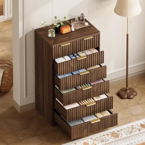 Image of TEENOFN Fluted Dresser for Bedroom with 7 Drawers, 48 inch Tall Modern Chest of Drawers with Metal Handle, Wooden Dresser TV Stand, Wood Closet Clothes Storage Organizer for Living Room, Hallway, Walnut