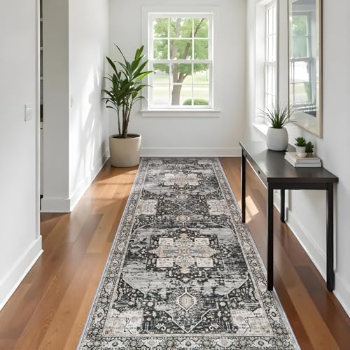RUUGME Hallway 3x10 Runner Rug - Washable Rugs with Non Slip Backing Ultra Thin Stain Resistant Carpet for Kitchen Living Room Bedroom Vintage Tribal Rugs for Floor Decoration Mat 3x10 Black