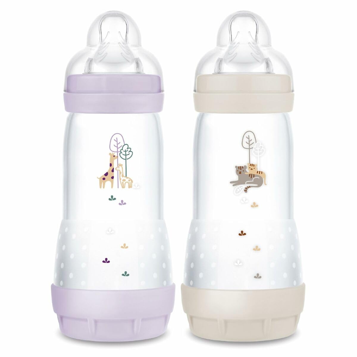 MAM 2 biberon Easy Start Anti-Colica 4+ mesi a flusso rapido (2 x 320 ml) lilla + sabbia - Biberon per ridurre le coliche e il disagio del bambino - Biberon per l'allattamento