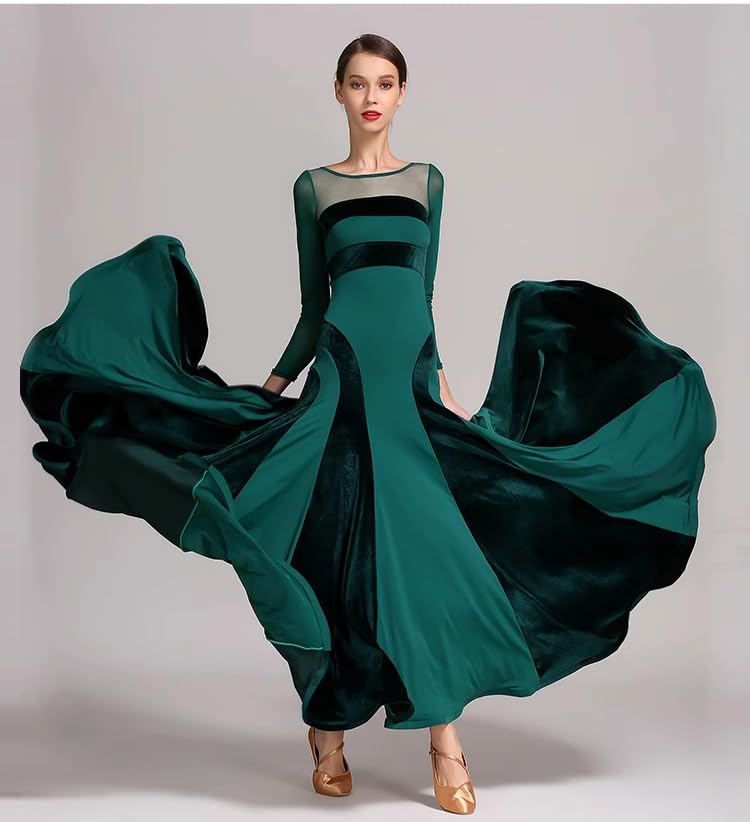 HEARTTOUCH Women's Ballroom Dance Competition Dress Modern Waltz Tango Standard Dress Long Sleeve Performance Costumes (Green,M,Medium)