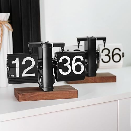 Miniatura 9 de Reloj de escritorio abatible (madera negra), reloj de mesa retro vintage automático abatible, gran número, mecánico, funciona con pilas, relojes