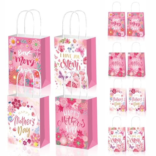 LANCU 12PCS Mothers Day Gift Bag Floral Gift Bags Bulk Mother's Day Gifts Bags Gift Wrap Bags Pink Gift Bags with Handles Paper Treat Bags Happy Mother's Day Party Supplies Decorations Candy Treat Bag