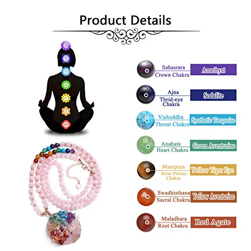Image of Top Plaza 7 Chakra Healing Crystal Natural Round Gemstone Pendant Necklace Tree of Life Copper Wire Wrapped Beads Necklaces Reiki Jewelry for Women