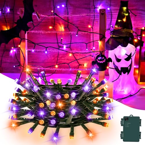 Catena Luminosa Halloween, 5m 50 LED Luci a Batteria, Timer, Impermeabile, Decorazioni per Camera Casa Matrimonio Giardino Balcone Festa Giallo Viola