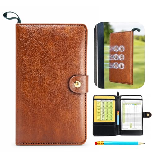 SITIZ Magnetic Golf Notebook & Scorecard Holder Golf Journal Fits Back Pocket 6 N52 Cart Mounts Distance Reference Card & 5 Scorecards PU Leather Brown