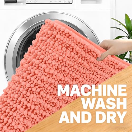 Image of OLANLY Long Bathroom Rugs Runner 59x20, Thick Soft and Absorbent Chenille Bath Mat, Non-Slip, Machine Washable Quick Dry Bath Rugs for Tub Shower Floor, Home Decor Accessories, Coral
