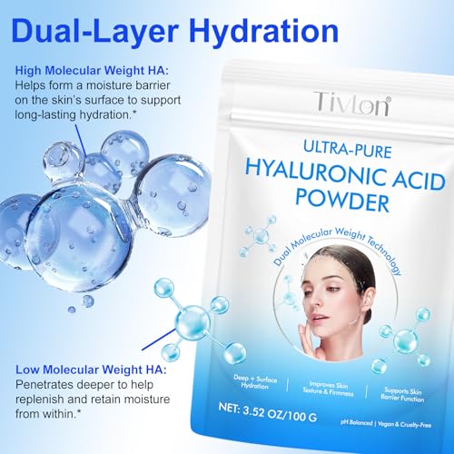 Mcukv 2 Pack 2-in-1 Hyaluronic Acid Powder – High Molecular Weight for Moisture + Low Molecular Weight for Hydration, Cosmetic-Grade DIY Skincare Ingredient for Serums, Masks & Lotions, 7.6oz