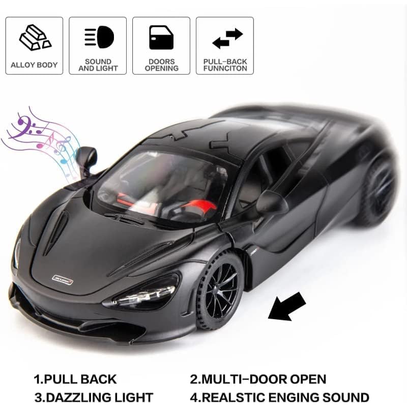 Image of Kids Model 1:32 Mc-Laren 720s Die Cast Metal Car Pull Back Action Opening Doors with Realistic Engine Sound Lights Toy Car Gift for Boys - Black