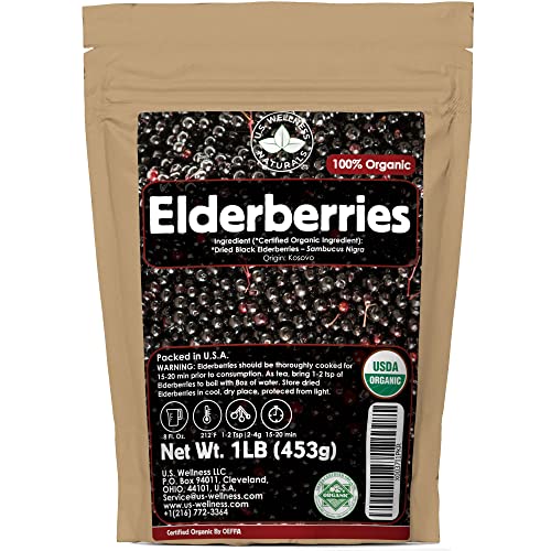 U.S. Wellness Naturals Elderberries 1lb (Real Wild Harvest) | 100% USDA Certified Organic | Bulk Black Dried Elderberry | for Making Elder Syrup Gummies Tea - Raw Vegan Sambucus Nigra