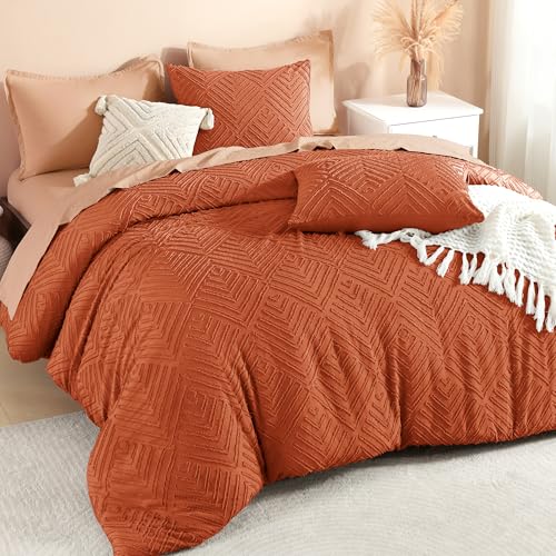 Image of Litanika Burnt Orange King Size Comforter Set,3 Pieces Terracotta Tufted Boho Farmhouse Bedding Comforter Sets,Lightweight Fluffy Comforter Bed Set for All Season (104x90In Comforter & 2 Pillowcases)