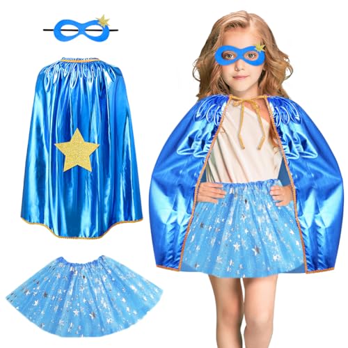 AUYAO Capas Superheroes Niñas, Conjunto de Disfraz de Capas de Pentagrama de Héroes con Tutú y Máscara, Capa de Doble Cara y Máscaras, Disfraces de Niñas Fiesta Navidad, Halloween, Cosplay(Azul)