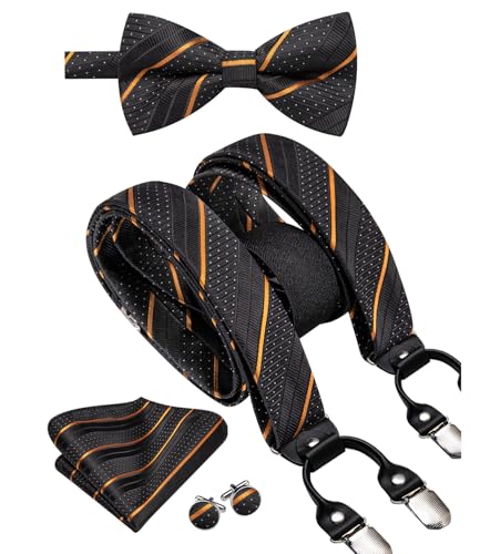 Image of Hi-Tie Black and Gold Mens Stripe Suspender and Pre-Tied Bow Tie Set with Pocket Square Adjustable 6 Clips Y Shape Suspender for Wedding Prom