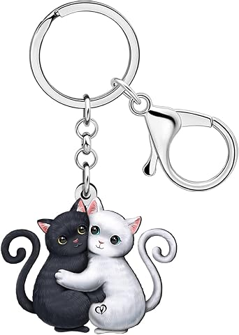 DUOWEI Cute White and Black Cat Kitten Pets Keychain Key Ring for Women Girls Mom Car Keys Wallet Cat Gifts Accessories Charm
