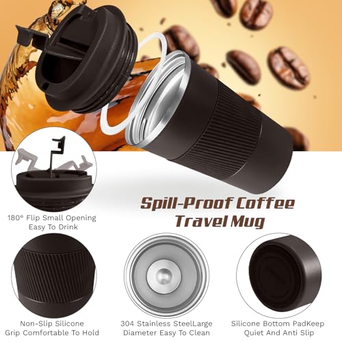 Image of Vacuum Insulated Stainless Steel Travel Coffee Mug,Leak Proof Cup with Lid | 304 stainless steel mug with vacuum insulation, leak proof lid, silicone grip and car cup holder friendly design
